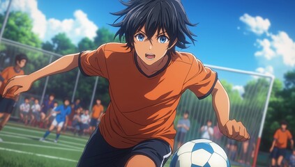 Anime style image of a soccer player kicking the ball on a field during a game with spectators  