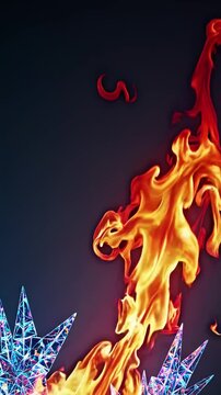 Flames and ice crystals moving against dark background