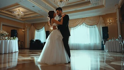 Romantic first dance of the happy wedding couple in a luxurious ballroom setting