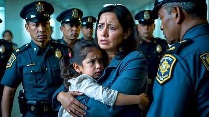 Police officers surround distressed woman hugging child in emotional scene, 4k