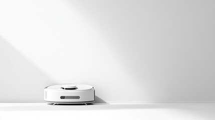 Robotic Vacuum Cleaner Minimalist Style High-definition Image Front View Clean Lines Ready to Clean Blank Wall Background Bright Neutral Tones Perfect for Appliance Ads
