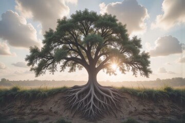 Obraz premium Majestic Oak Tree with Exposed Roots at Sunset: Symbol of Growth, Resilience, and Nature's Beauty