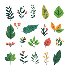 Obraz premium A collection of colorful, stylized leaves and flowers arranged in various shapes and sizes.