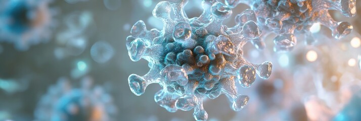 Hyper-detailed view of adeno-associated virus capsid proteins with intricate nanostructures and immersive lighting effects in a cellular fluid environment