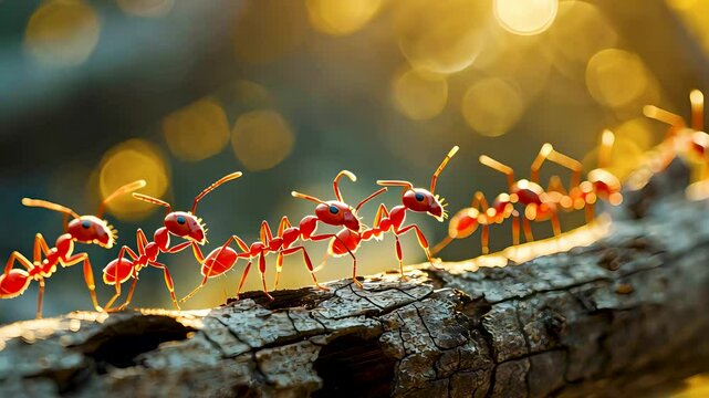 Red ants walking in single file on tree branch with glowing golden bokeh, 4k loop