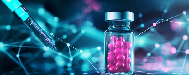 A vial filled with pink pills and a syringe with a blue background and network connections shown