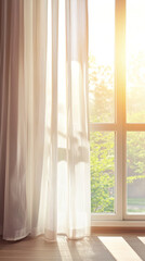Sunlight streaming through sheer curtains creates warm glow