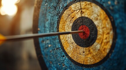 Arrow hitting the bullseye on painted target with a rustic wooden texture