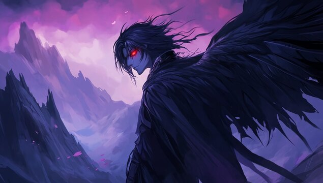 Dark angel with red eyes and black wings against a purple mountain landscape in digital art  