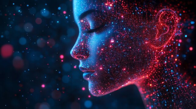 Glowing digital woman's profile, red and blue particles create form