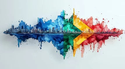 City skyline merged with colorful watercolor splash on white background