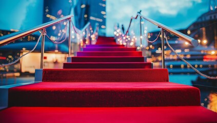 A red carpeted staircase with metal railings leading up to a blurred cityscape at night time