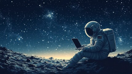 Astronaut sits on the moon with a laptop under a starry sky