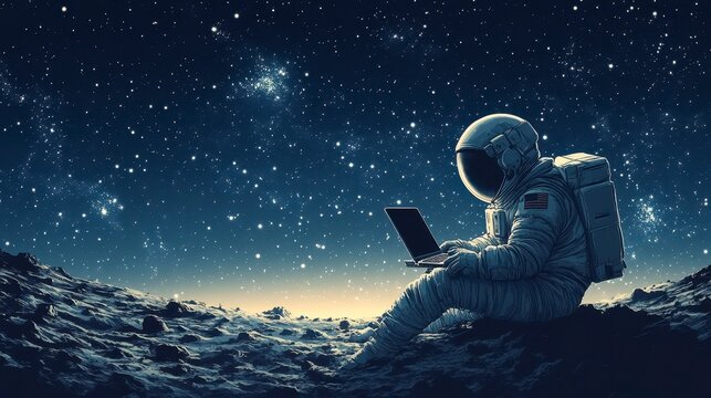 Astronaut sits on the moon with a laptop under a starry sky