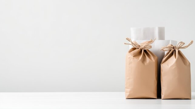 Two brown paper gift bags tied with string on a white surface against a minimalist background, and showcasing simplicity and elegance in packaging design.