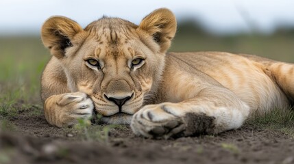 Obraz premium Young lioness resting in the African savanna
