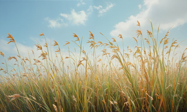 Lush golden grass sways gently under bright blue sky with fluffy clouds, creating serene and peaceful landscape