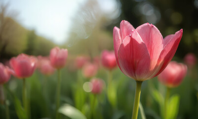 Obraz premium Beautiful pink tulips bloom vibrant garden, showcasing their delicate petals and lush green leaves, evoking sense