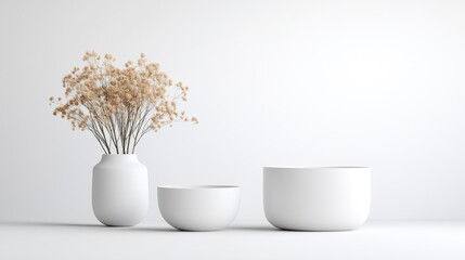 A white vase holds dried beige flowers two white bowls sit beside it. The image is cleanly composed with minimal elements against a white background. High-quality, sharp resolution soft, even lighti