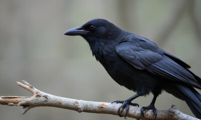 majestic black raven perched on branch, showcasing its glossy feathers and sharp beak, exuding sense of mystery and elegance