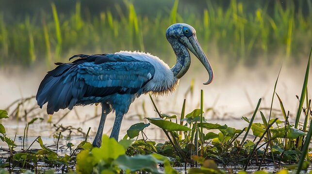 Shoebill stork Ugandan swamp prehistoric appearance early morning mist over papyrus reeds - Powered by Adobe