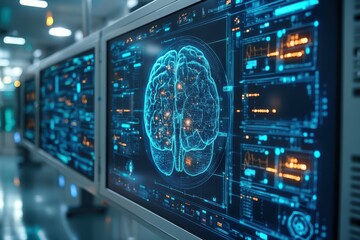 High-tech medical equipment in a modern hospital room with large screens displaying vital data and advanced monitoring devices.