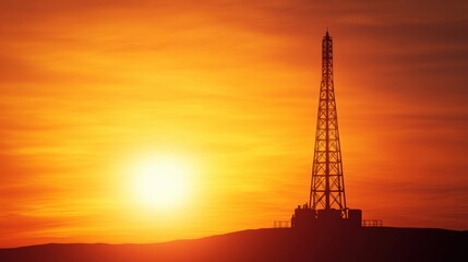 Obraz premium A silhouette of a tall tower against a vibrant sunset, highlighting a beautiful and serene evening landscape.