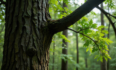 Fototapeta premium close up view of tree trunk showcasing its textured bark and vibrant green leaves, creating serene forest atmosphere