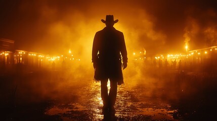 Silhouette of cowboy in foggy street under lights. Western atmosphere