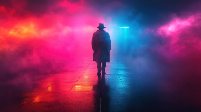 Figure in hat walking down illuminated path with pink/blue fog background