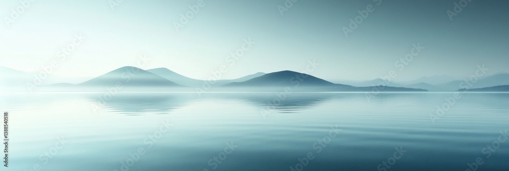 Leinwandbilder Soft ripples and reflections create a serene atmosphere on calm water reflecting distant mountains at sunrise in a minimalist setting