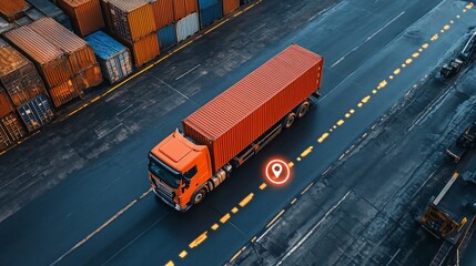 Aerial View of Orange Truck Hauling Cargo Container with Tracking Location