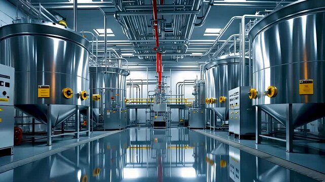 Modern beverage factory interior with polished stainless steel brewing tanks, 4k loop