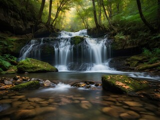 Obraz premium Biscuit Creek Falls: A Hidden Gem in the United States, Where Crystal-Clear Waters Cascade Through Serene Forests, Offering Nature Lovers a Tranquil Escape into the Heart of Wilderness