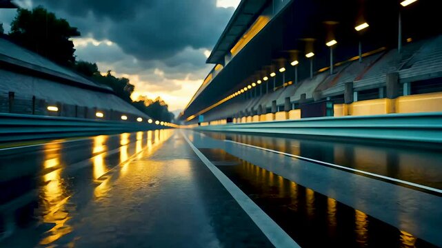Futuristic empty train station platform with glowing lines at sunset, 4k loop