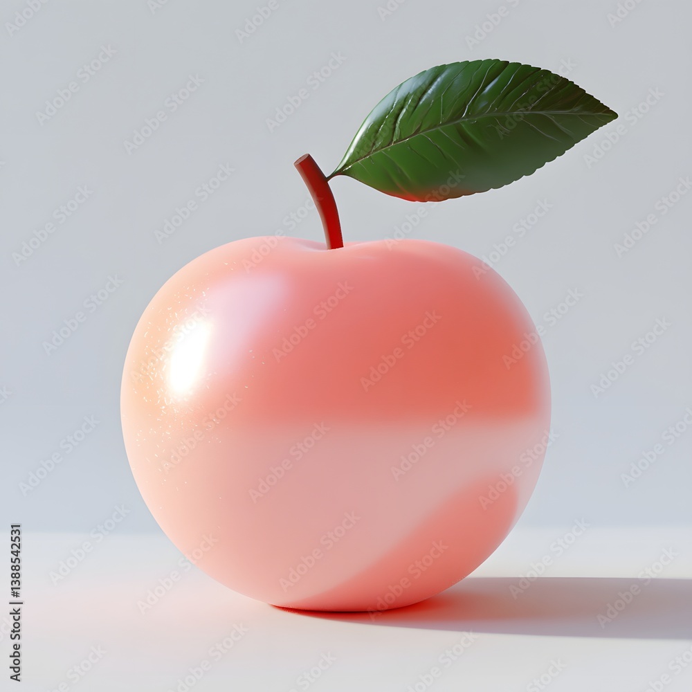 Poster a close-up of a single, glossy peach with a green leaf, set against a minimalist background. this is