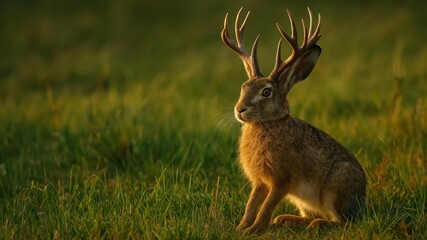 Naklejka premium Jackalope Resting at Sunset in an Enchanted Forest Clearing