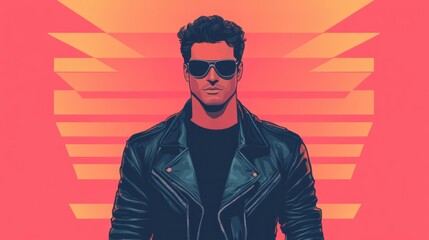 Fototapeta premium A stylized illustration of a man in sunglasses and a leather jacket, set against a vibrant, geometric background.