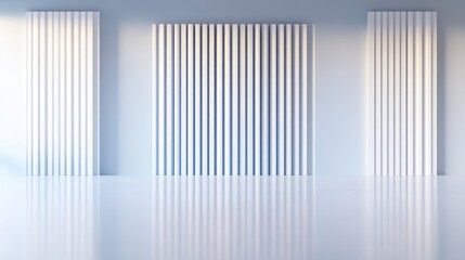 Fototapeta premium White Vertical Panels Reflective Floor Minimalist Design High Resolution Front View Clean Lines Geometric Abstraction Empty Room Soft Light Blue Hues Ideal for Modern Architecture
