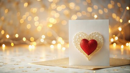 Romantic greeting card with a red heart and gold lace design, illuminated by soft warm lights