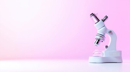 Microscope with slide, minimal design, studio lighting, high resolution, side profile view, clean lines, scientific exploration, pink backdrop, soft pastel hues, perfect for lab websites
