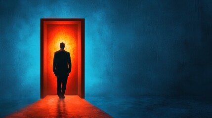 Obraz premium A silhouette of a man in a suit walking towards a glowing doorway, symbolizing opportunity and transition in a dramatic, blue-toned environment.