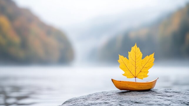 A single yellow maple leaf acts as a sail on a tiny, carved boat. It rests on a gray rock near a calm river. The background features a softly blurred autumnal landscape. The image is high-quality, wi