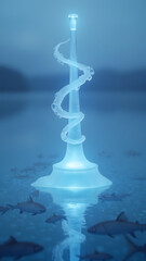 Obraz premium Crystal flute in frozen lake emits mist that forms ice note sculptures while fish swim in rhythm below.