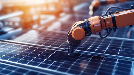 A mechanical arm in a high tech solar panel manufacturing facility, surrounded by solar cells and assembly lines, Environmental style
