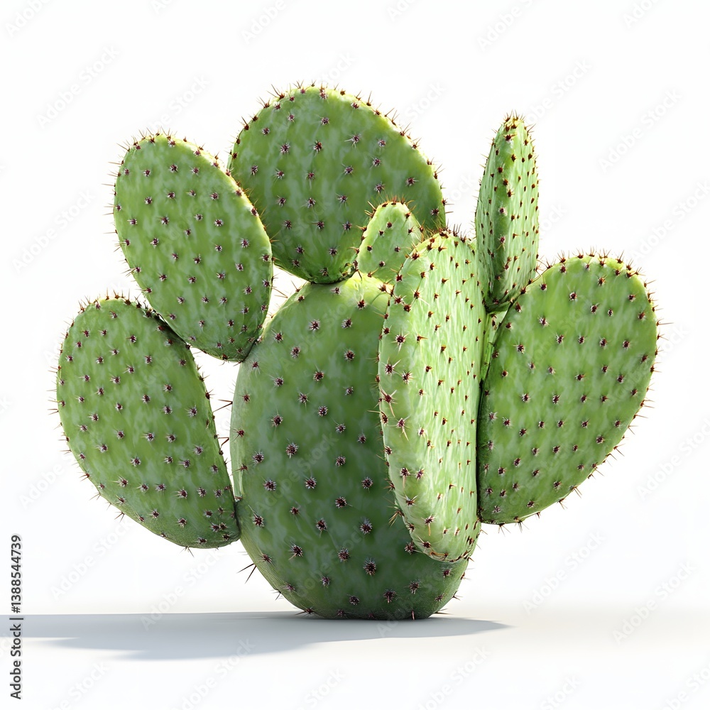 Poster close-up image of a vibrant green prickly pear cactus, isolated against a white background. the cact