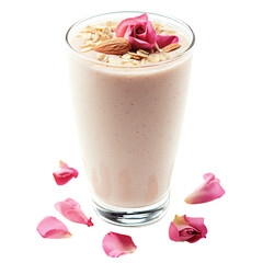 A creamy smoothie topped with oats, almonds, and rose petals in a glass.