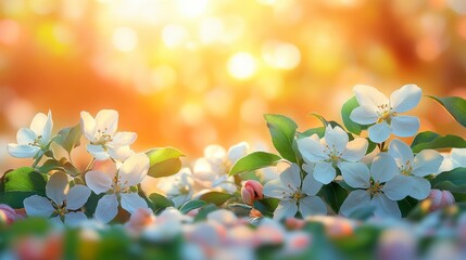 Obraz premium Blooming flowers with sunlight; white petals and green leaves