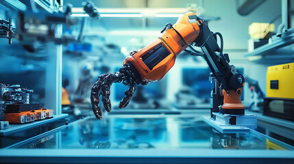 A mechanical arm in a high tech underwater robotics research lab, surrounded by submarine models, deep-sea exploration equipment