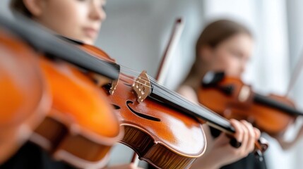 Two violins are in focus, held by young women. The foreground violin is sharp, showcasing its rich, amber wood. The second violinist is blurred, creating depth. The image is high-quality with soft,